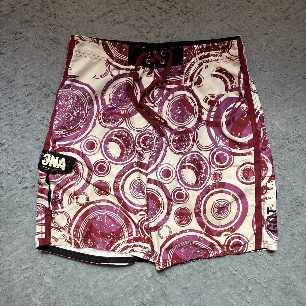 Gotcha Y2K Mens Board Shorts Burgundy Purple Circle Print Cargo Pocket Sz 34